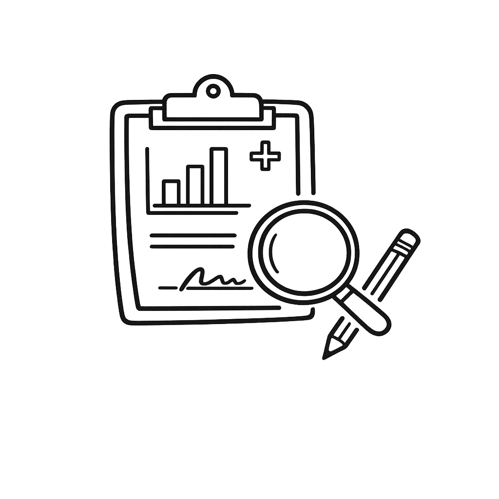 Line art icon of a clipboard with charts and a plus sign, a magnifying glass, and a pencil.