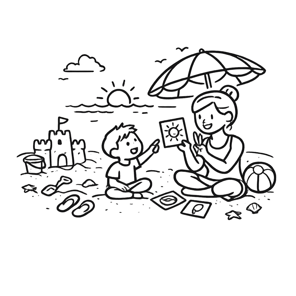 Line drawing of a woman and a child at the beach, sitting under an umbrella with a sandcastle, beach toys, and cards around them, with the sunset or sunrise and clouds in the background.