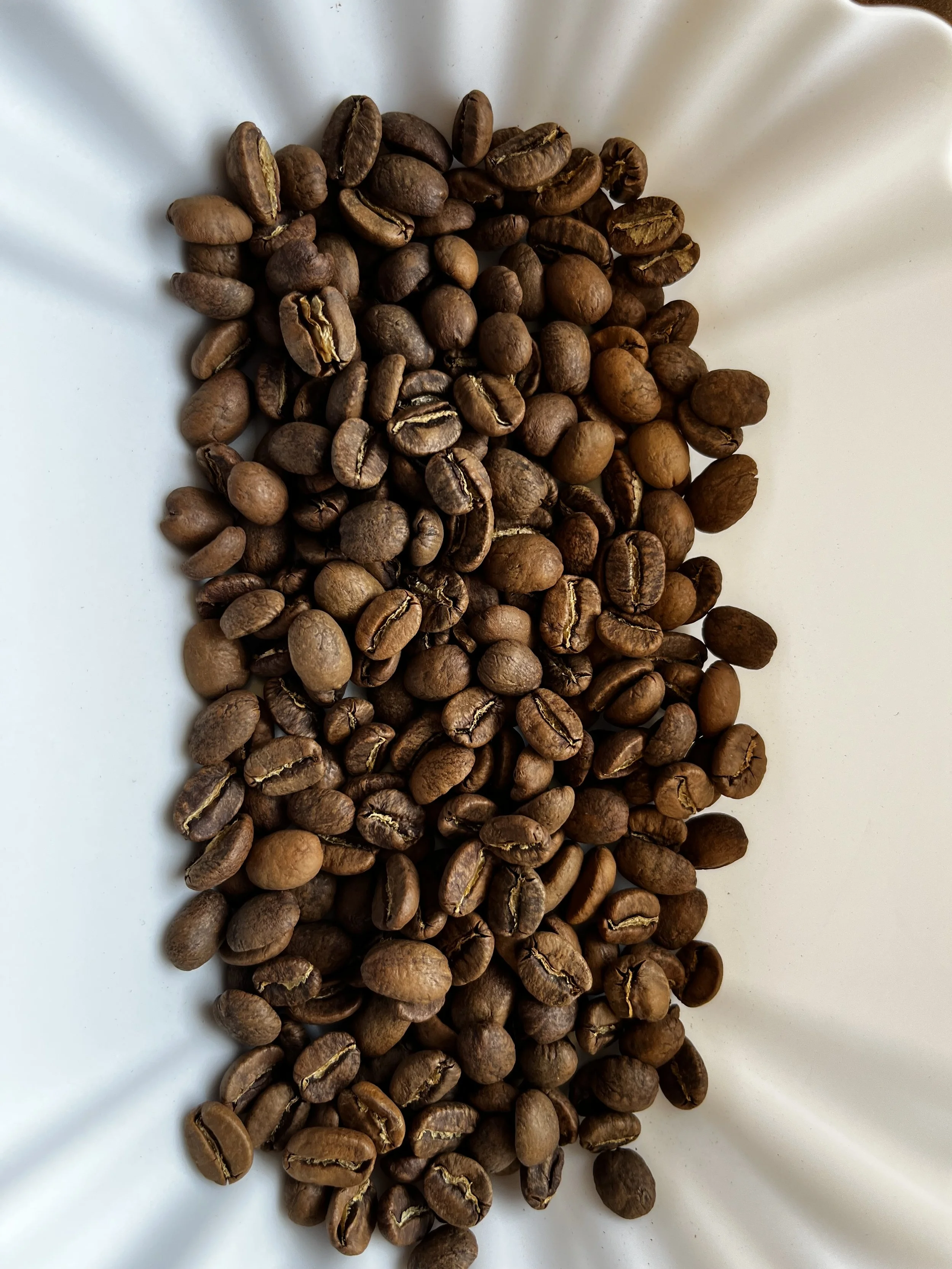A white plate with roasted coffee beans