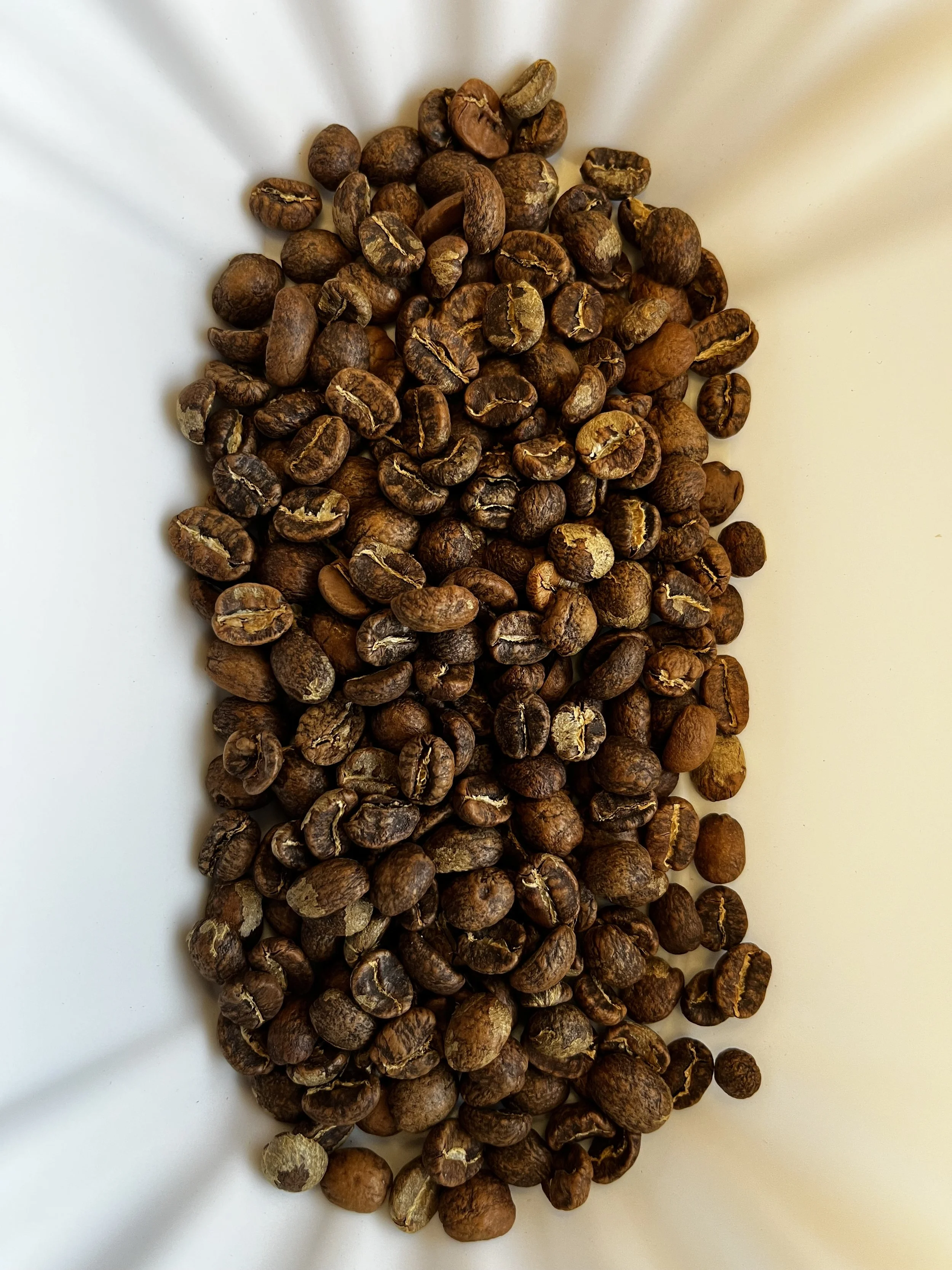 Coffee beans on a white surface.