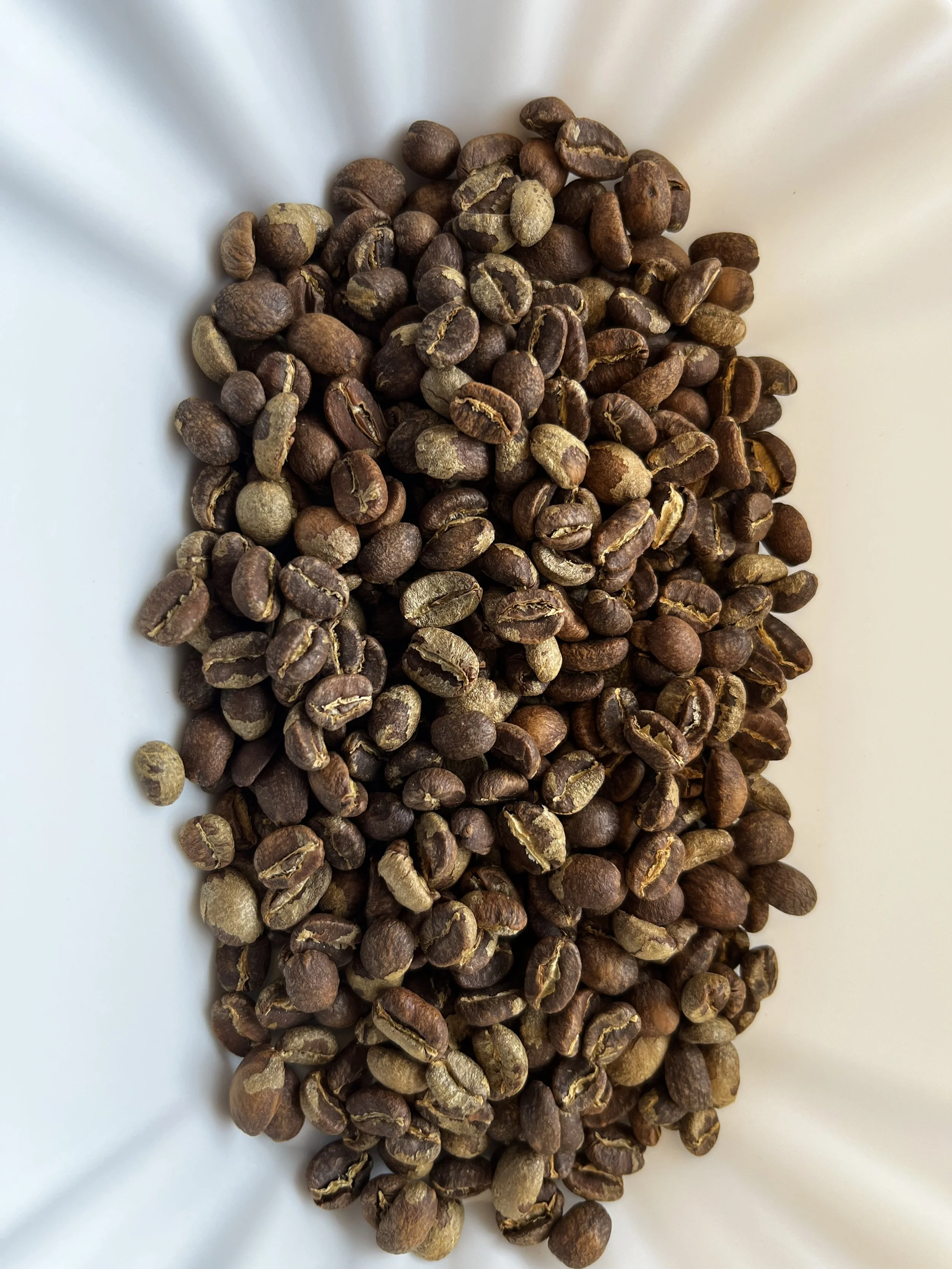 A white bowl filled with roasted coffee beans.