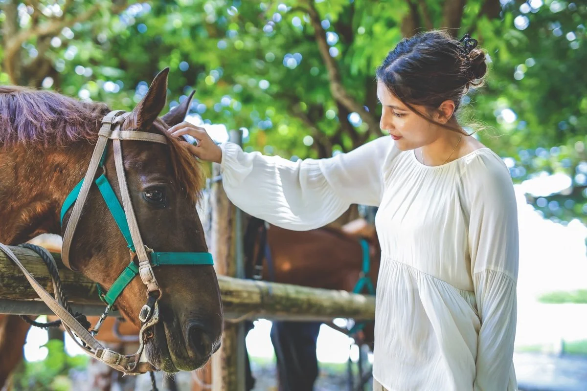 A woman in a white blouse gently petting a brown horse's head in a lush green outdoor setting.