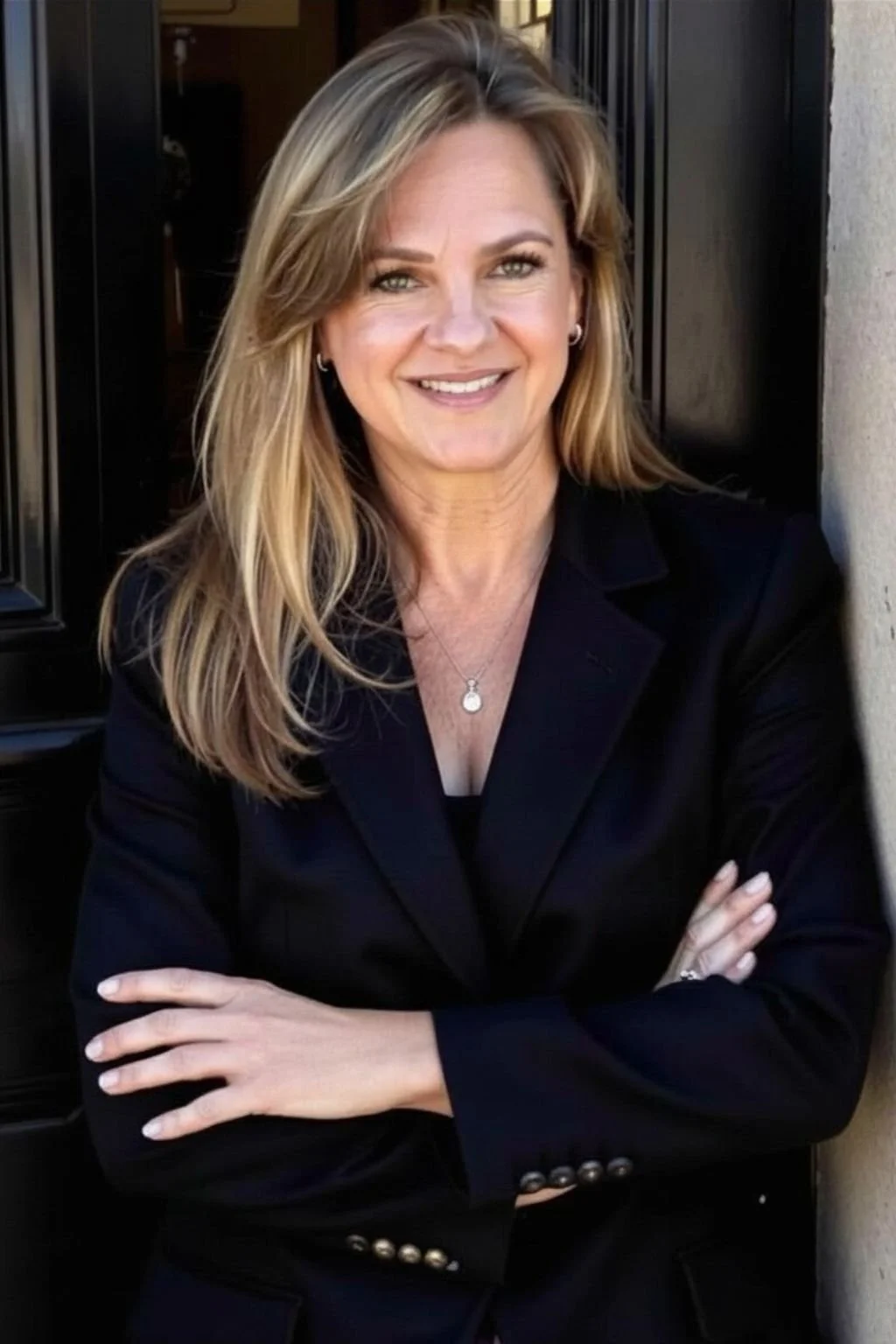 A woman with long blonde hair, wearing a black blazer and a necklace, standing with her arms crossed in front of a dark door and a beige wall.