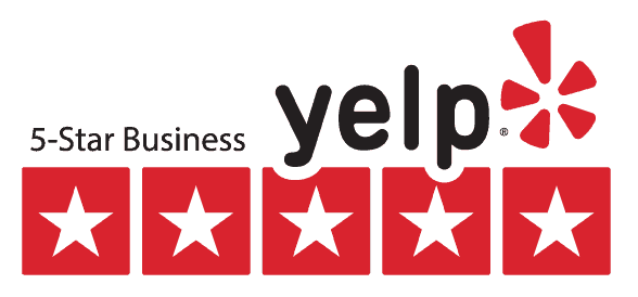Yelp 5-star business rating badge with five white stars on a red background.