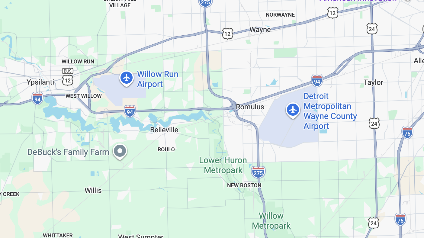 Service area map covering Ypsilanti, Belleville, Romulus, Milan, Taylor, Westland and Plymouth, Michigan