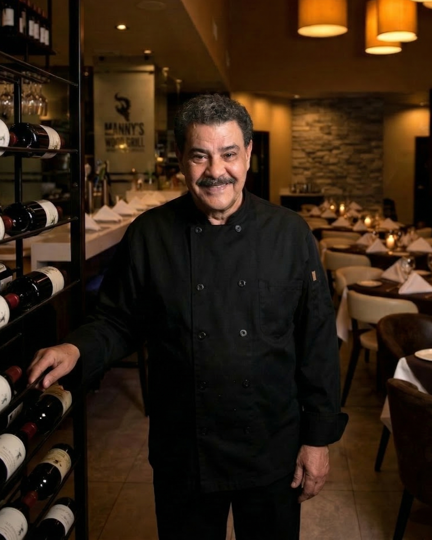 Chef Manuel Leon standing inside Manny’s Wood Grill steakhouse dining room in Doral, Florida.