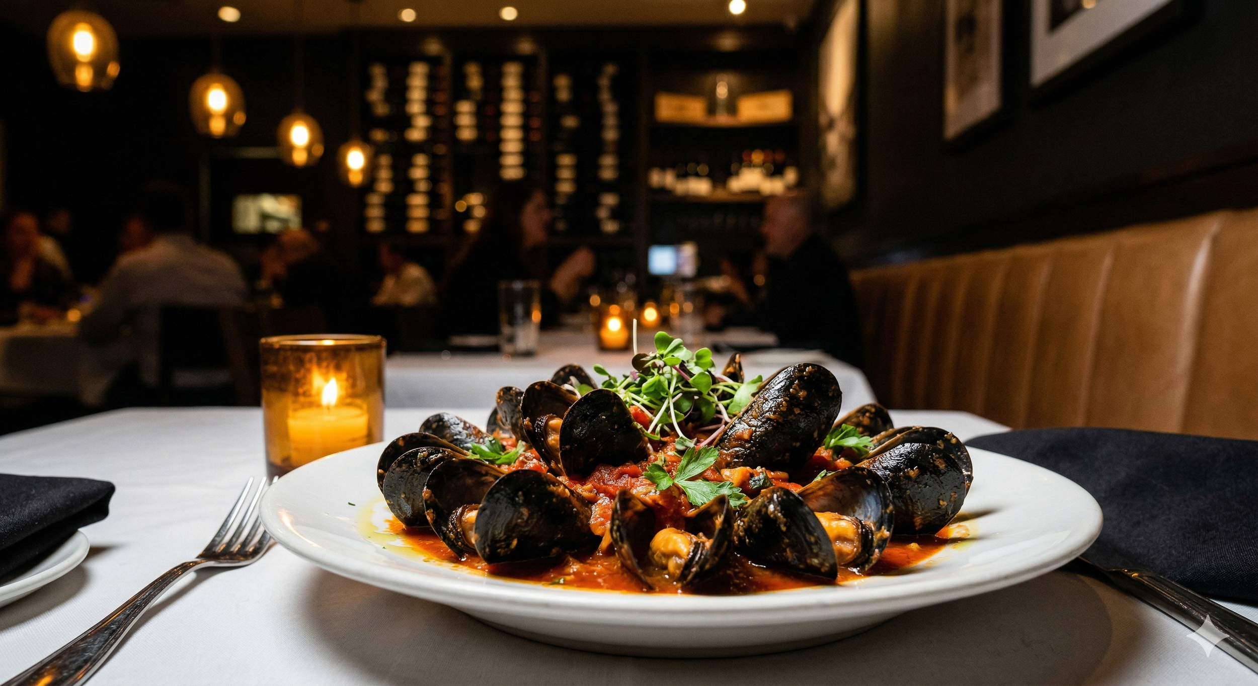 Mussels Positipo in tomato garlic sauce with fresh microgreens at Manny's Wood Grill