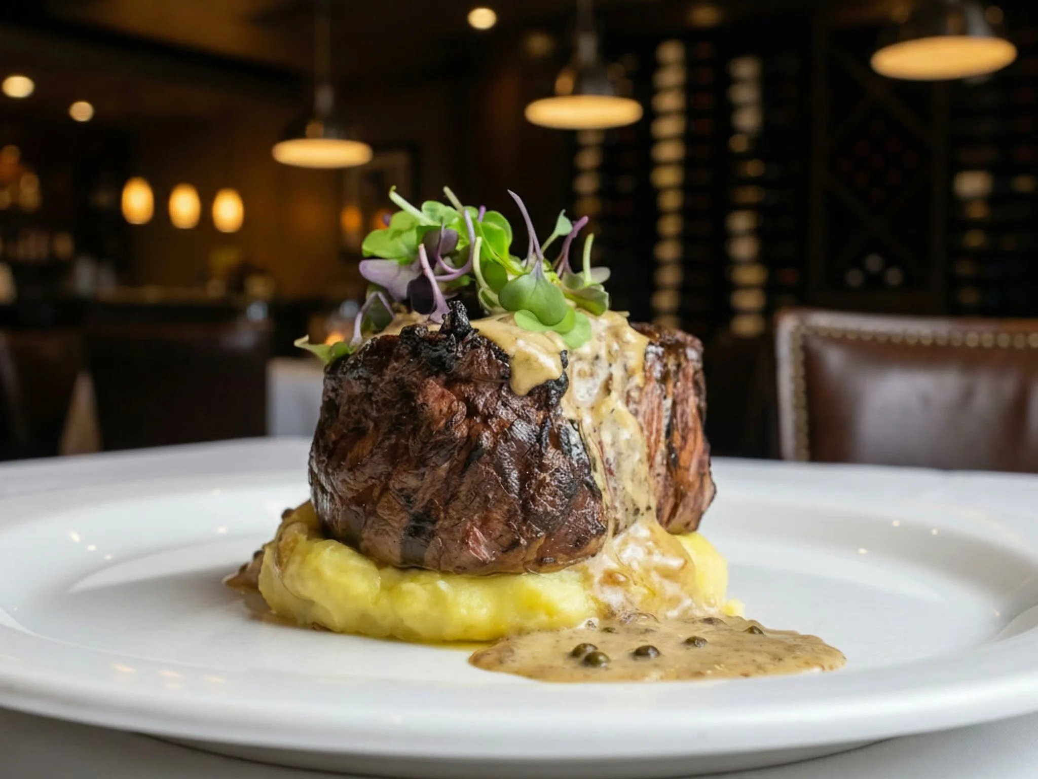 Wood-grilled filet mignon with green peppercorn brandy cream sauce on mashed potatoes at Manny's Wood Grill in Doral