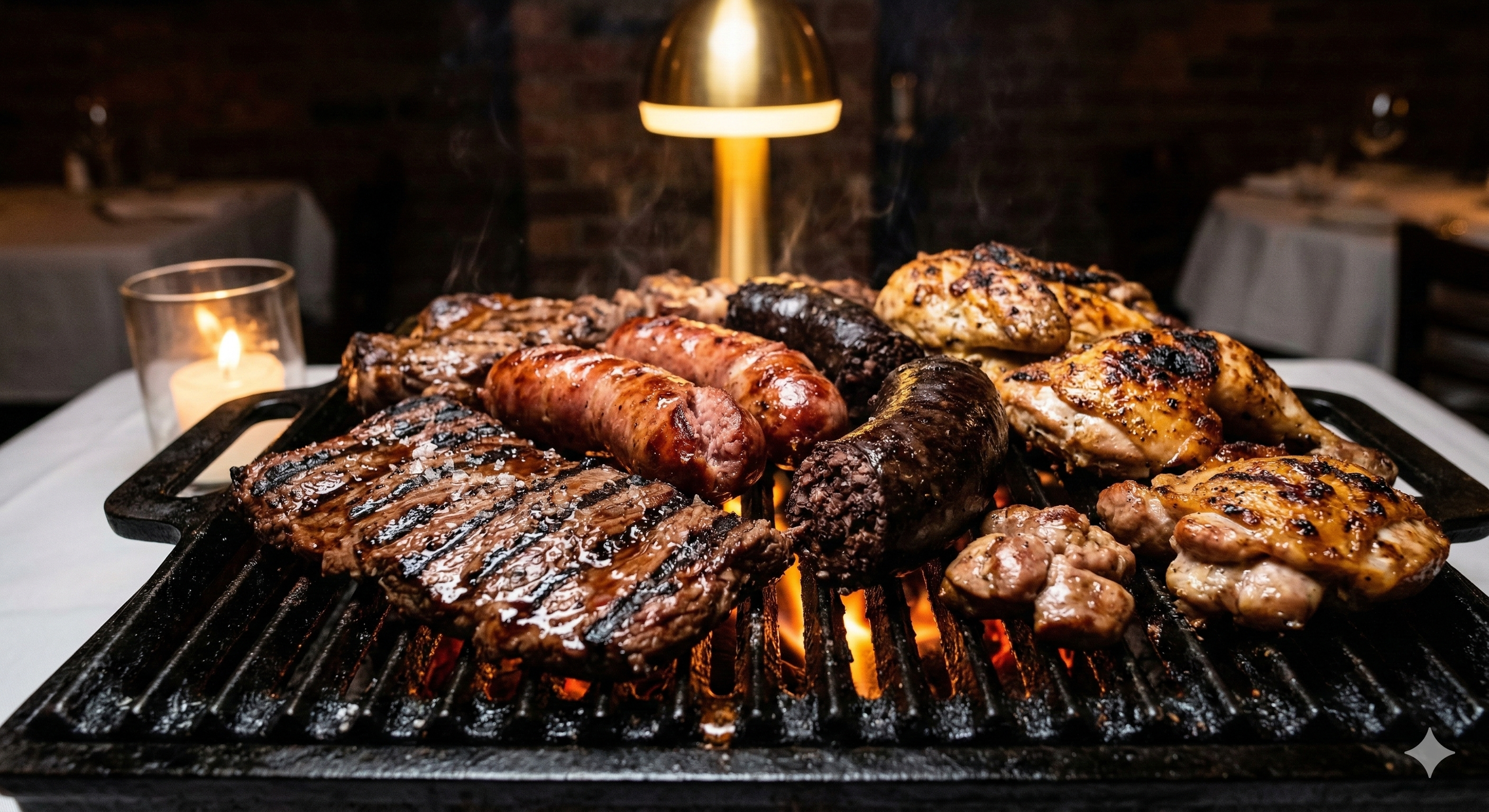 Argentine mixed grill with steak, chorizo and morcilla cooking over open flame at Manny’s Wood Grill in Doral.