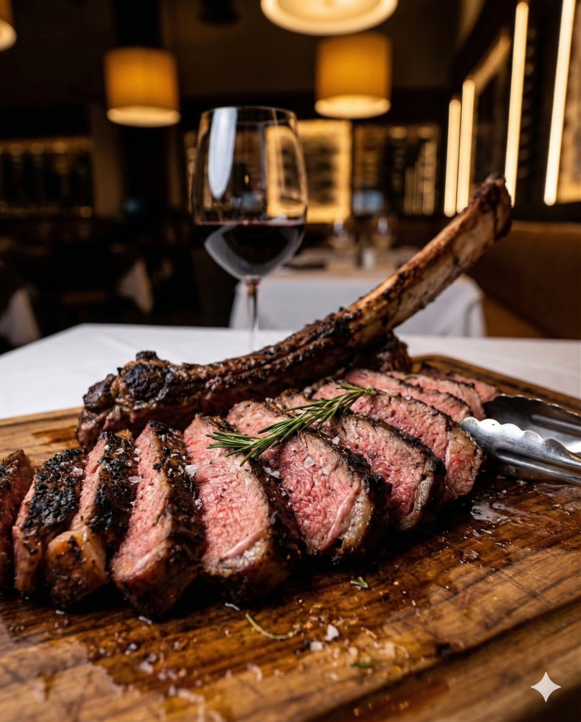 Sliced tomahawk steak served on a wooden board at Manny’s Wood Grill steakhouse in Doral.