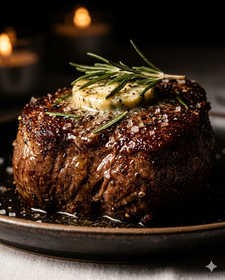 Filet mignon topped with herb butter and rosemary served at Manny’s Wood Grill steakhouse in Doral.