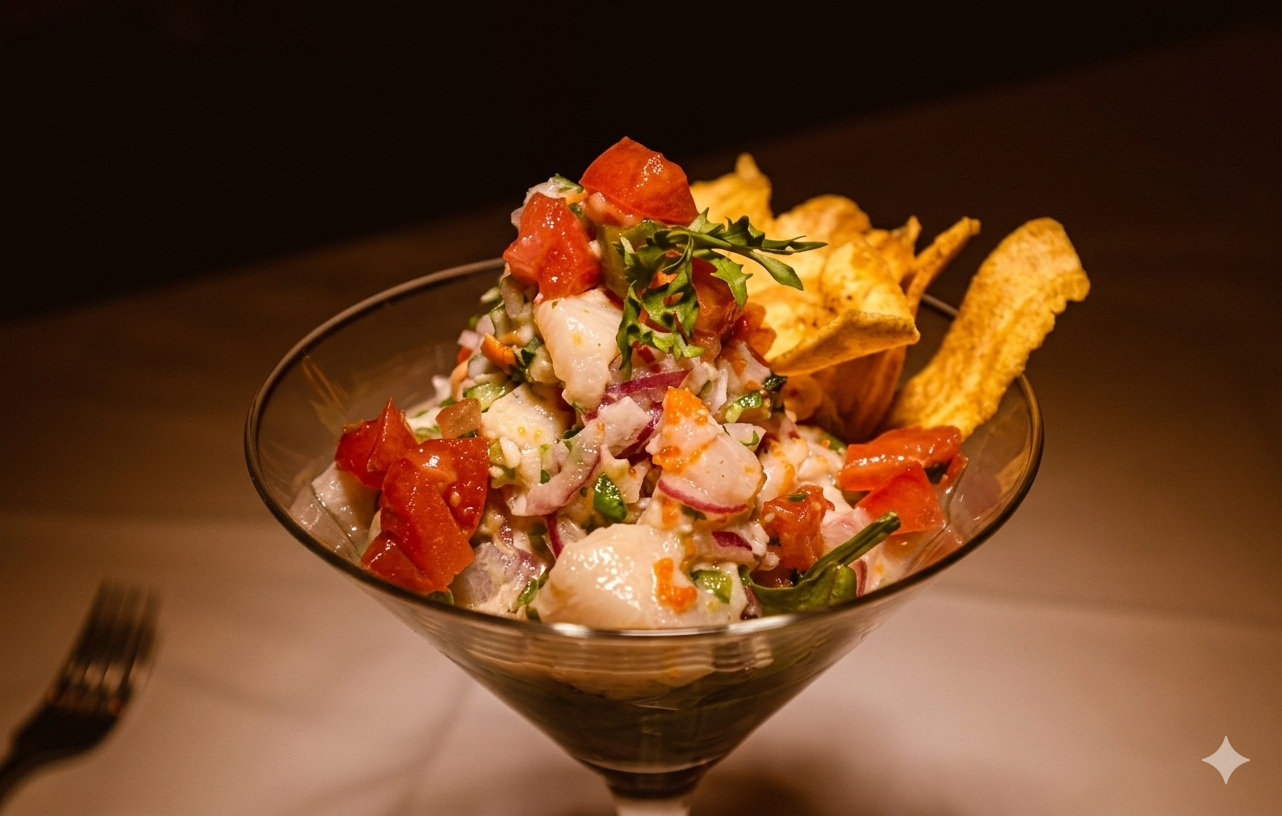 Fresh ceviche with tomato, red onion, and plantain chips in a martini glass at Manny's Wood Grill