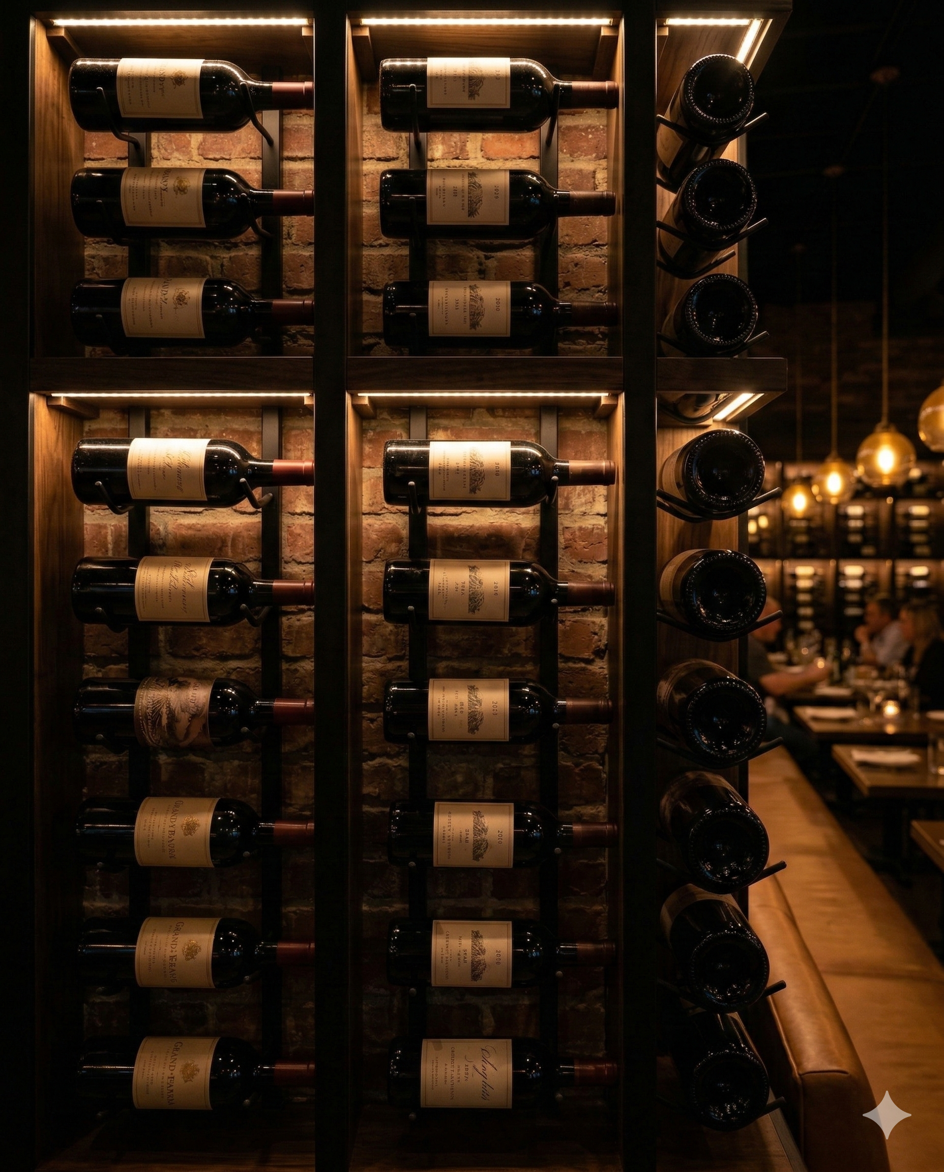 Wine wall with premium red wine bottles inside the dining room at Manny’s Wood Grill steakhouse in Doral.