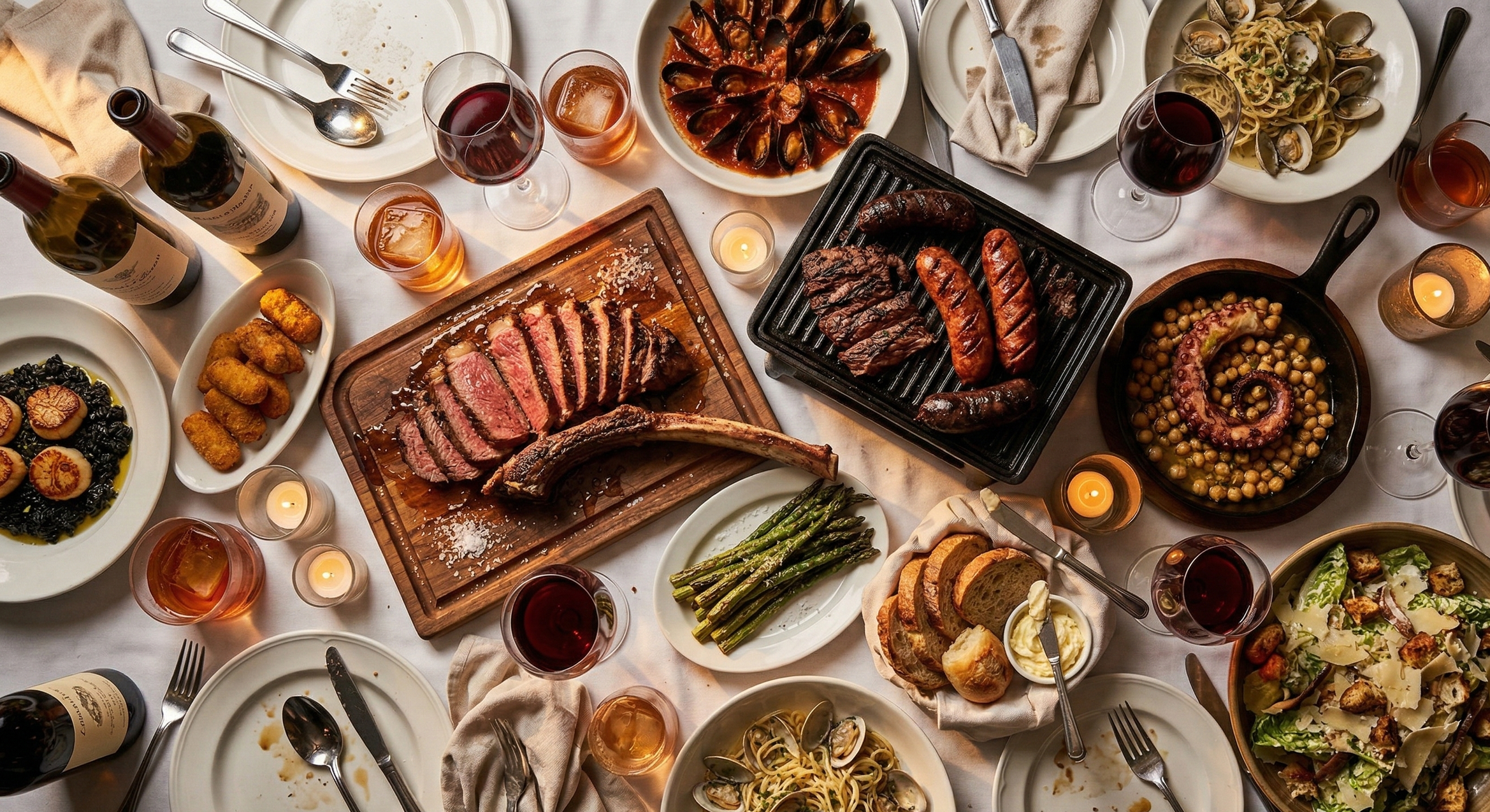 Argentine steakhouse table spread with steak, seafood, pasta and wine at Manny’s Wood Grill in Doral.