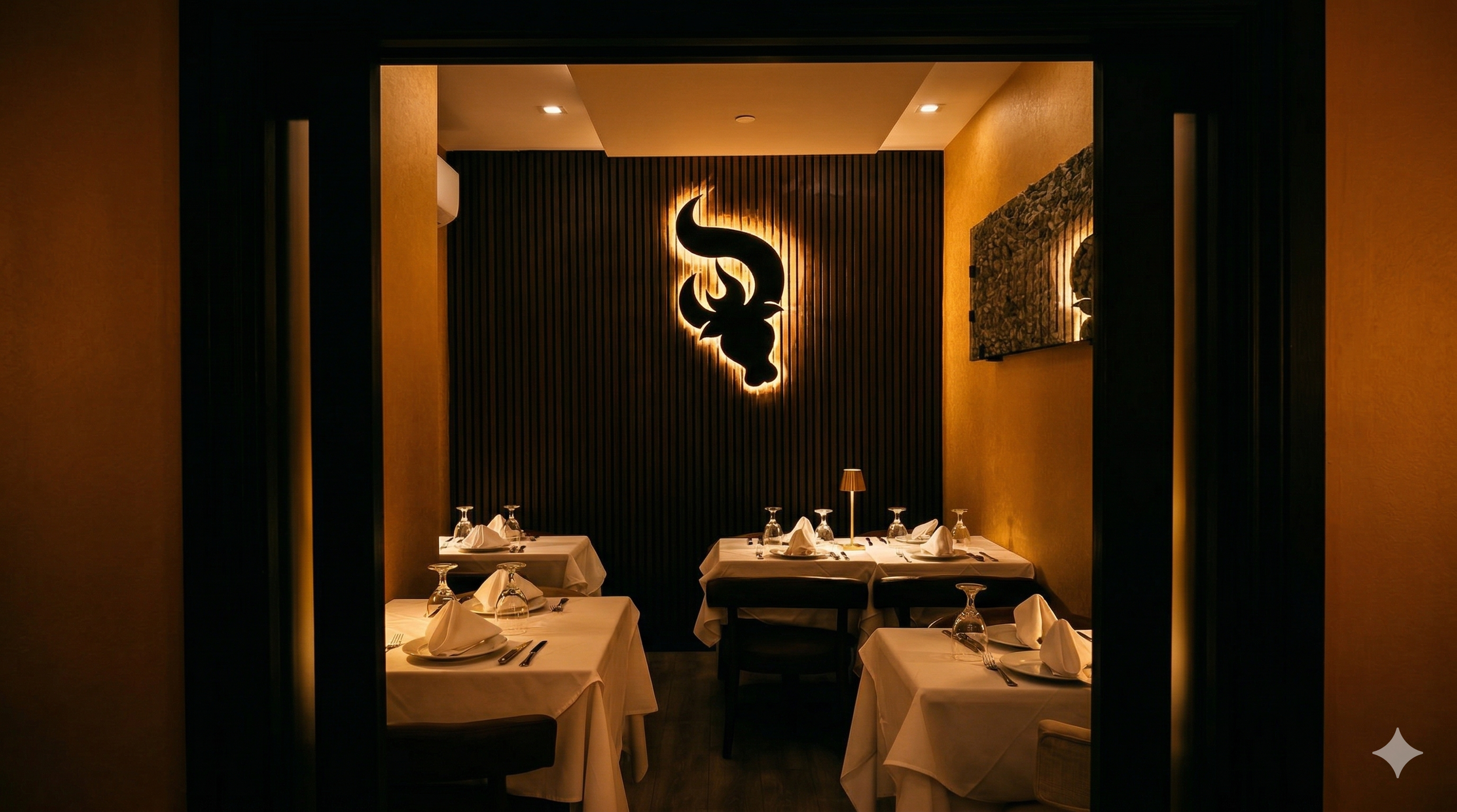 Private dining room at Manny's Wood Grill featuring white tablecloth tables and backlit bull logo on dark wood slat wall