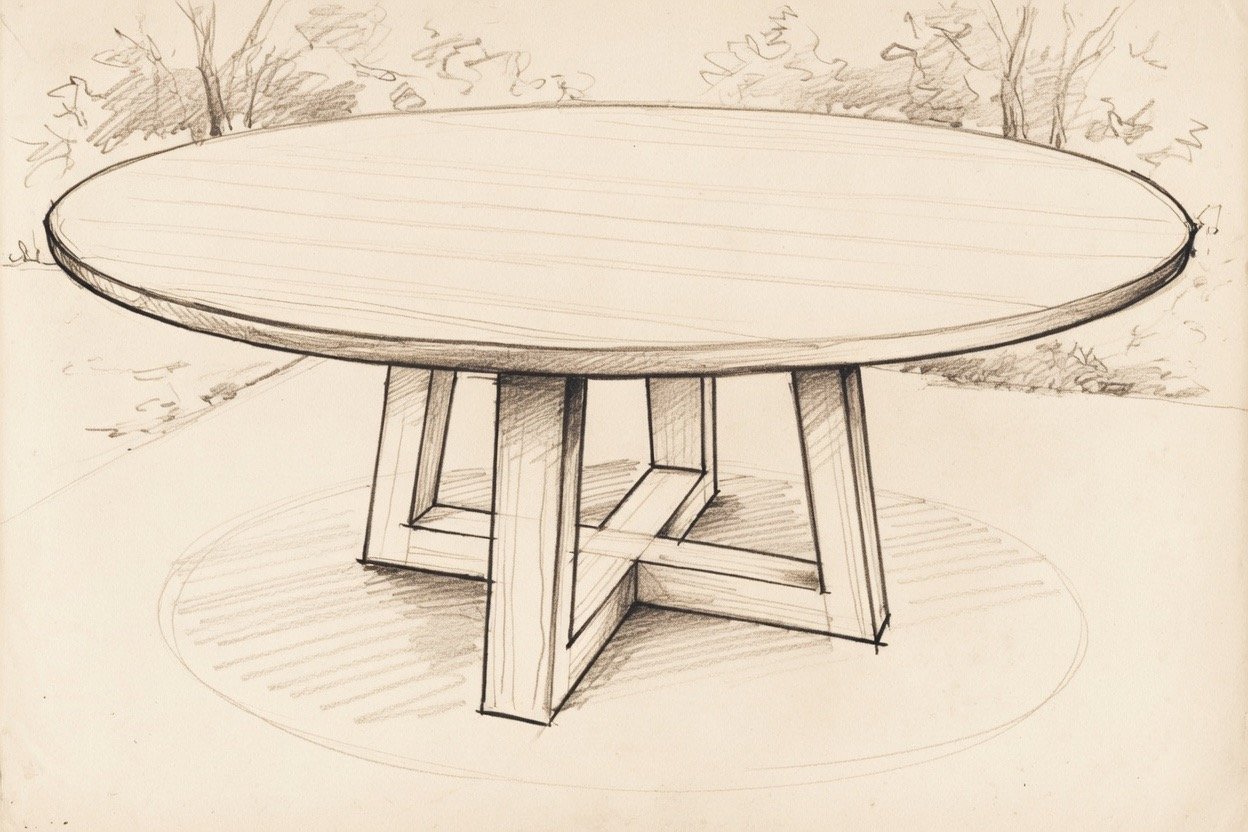 Roan Knob round dining table sketch with graceful pedestal base and X-brace support. Handcrafted heirloom table by Blue Ridge Table Company in Wilkes, NC.