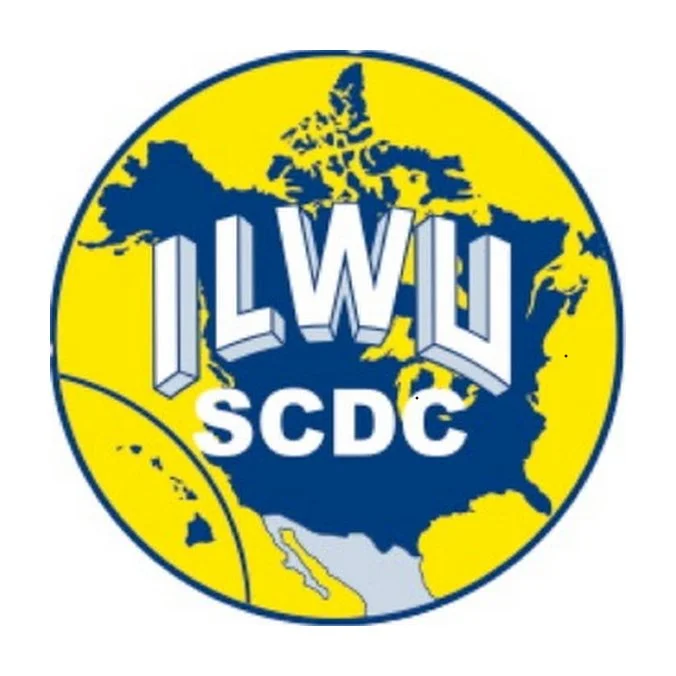 Logo featuring a map of North America with the text 'ILWU SCDC' overlaid.