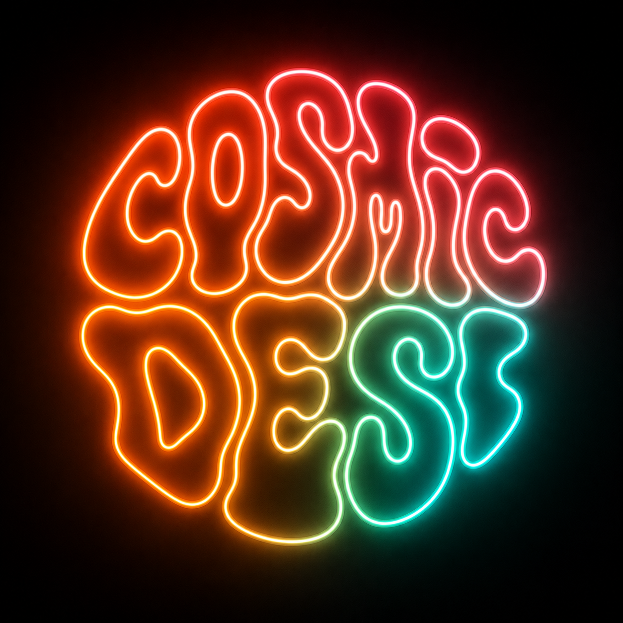 Neon sign spelling out 'cosmic desi' in colorful, glowing letters against a black background.