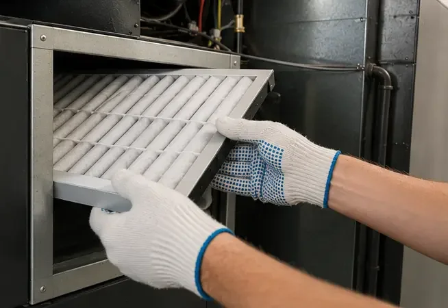 Person wearing white gloves removing a white air filter from a black HVAC system.