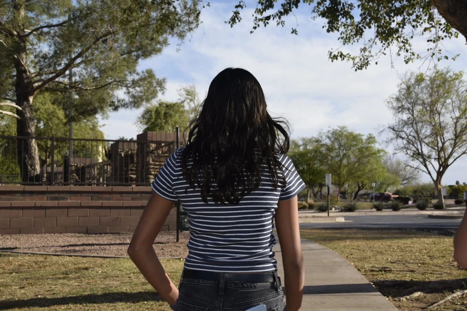 Back view of a woman with dark hair wearing a striped t-shirt and jeans, standing on a sidewalk in a park with trees and a brick wall in the background.