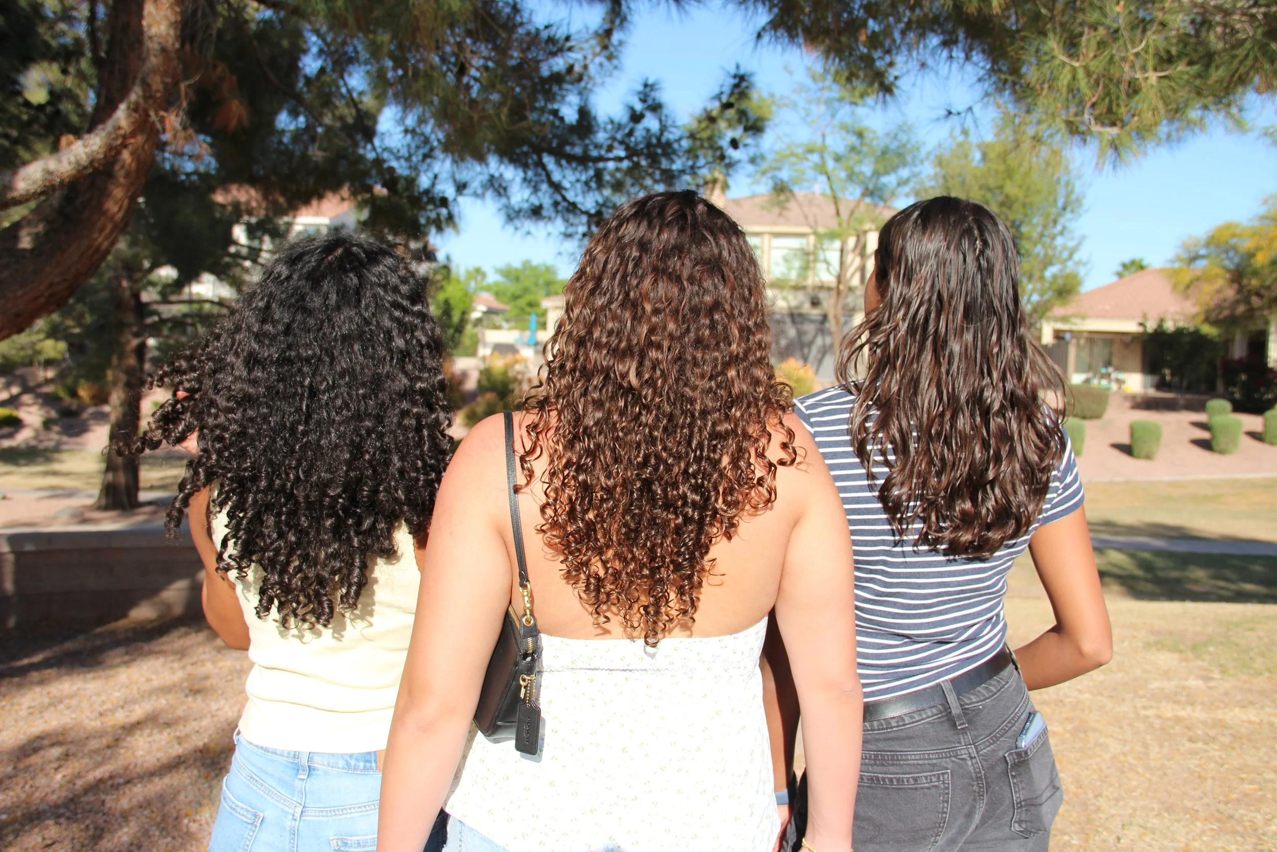 Three young women with curly hair are standing outdoors in a park, facing away from the camera, with trees and residential houses in the background.