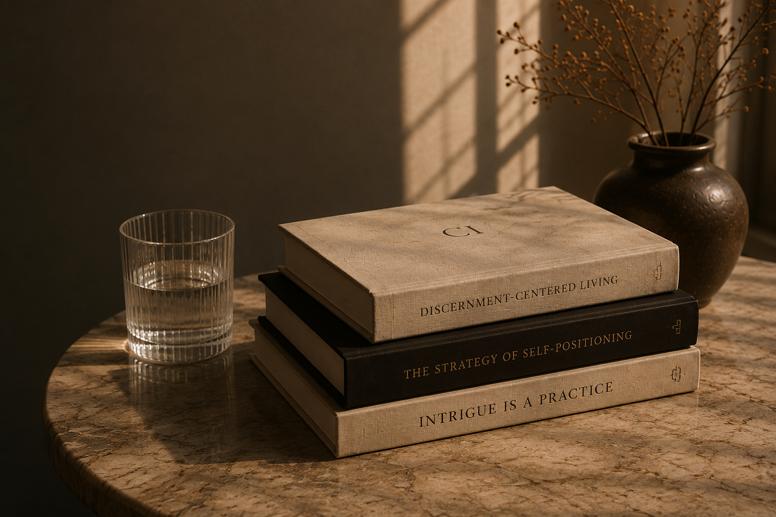 A stack of three books on a marble table with a glass of water and a brown vase with dried branches, illuminated by sunlight through a window.