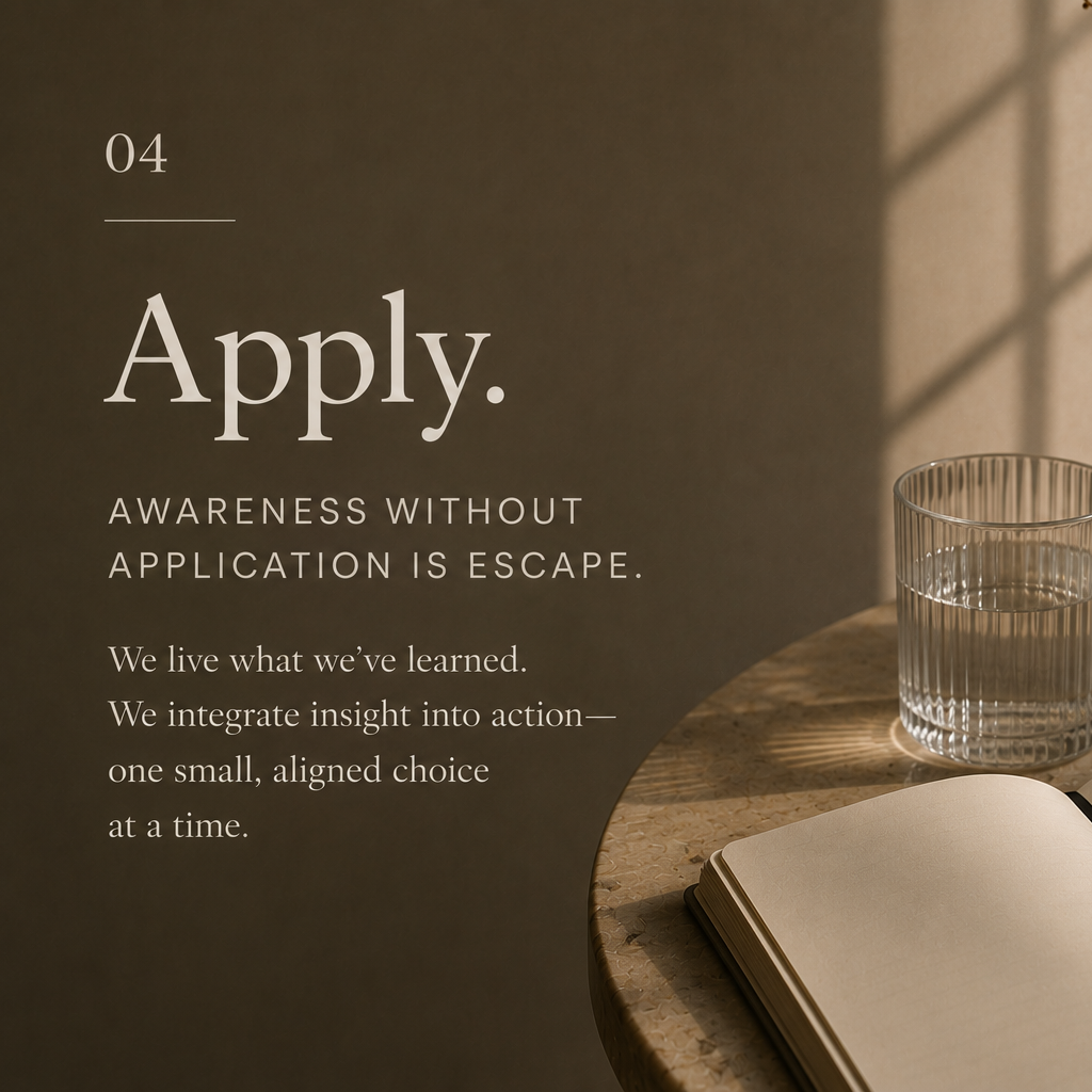 A page with a motivational quote about applying awareness and insight into action, featuring a wooden table with a glass of water and an open notebook, with sunlight casting shadows.