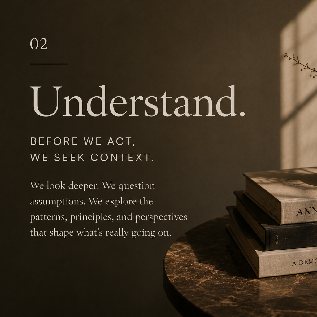 A stack of books on a round wooden table, with sunlight casting shadows on the wall behind, and text overlay about understanding and seeking context.