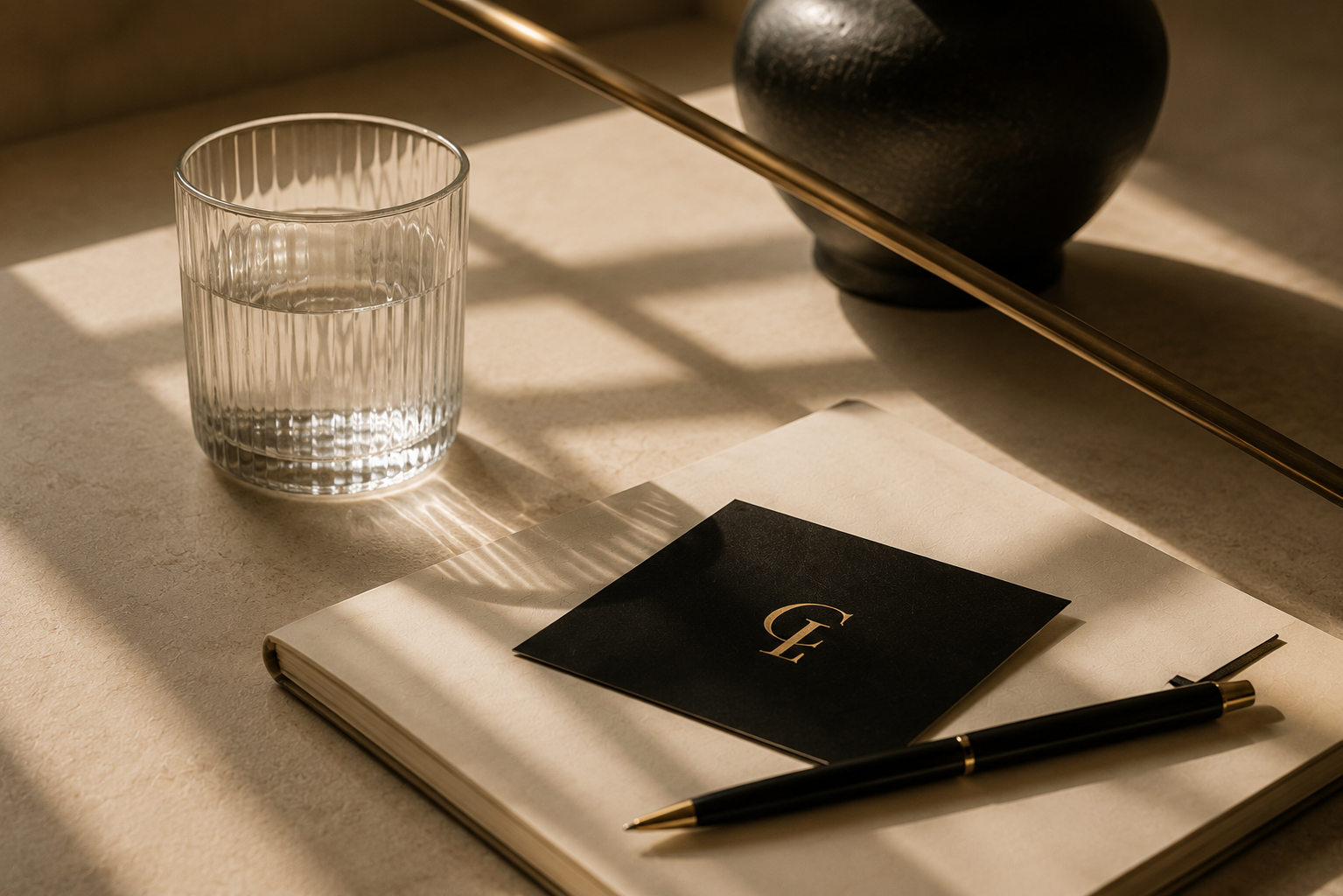 A glass of water, a black card with gold lettering, a pen, and a notebook on a beige surface with shadows.