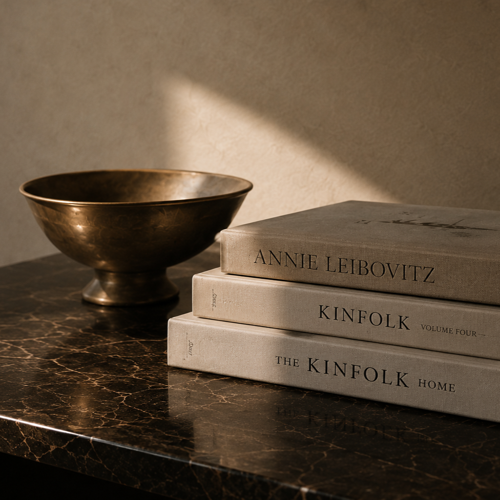 A bronze bowl and three stacked books on a dark marble surface, with a shadowed light cast on a beige wall.