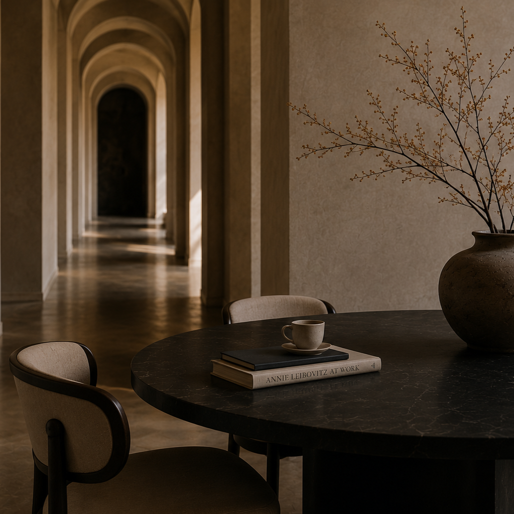 A dark round table with a ceramic cup and saucer, a book titled 'Annie Leibovitz at Work', and a large vase with brown branches. In the background, a hallway with multiple arches and wooden flooring.