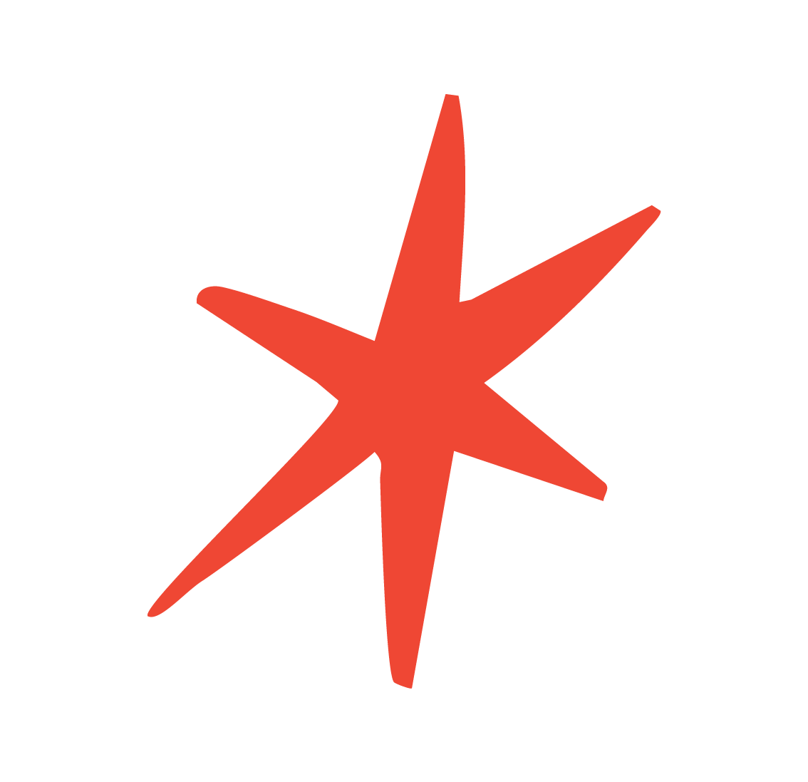 A red star-shaped seashell with seven elongated, pointed arms on a black background.