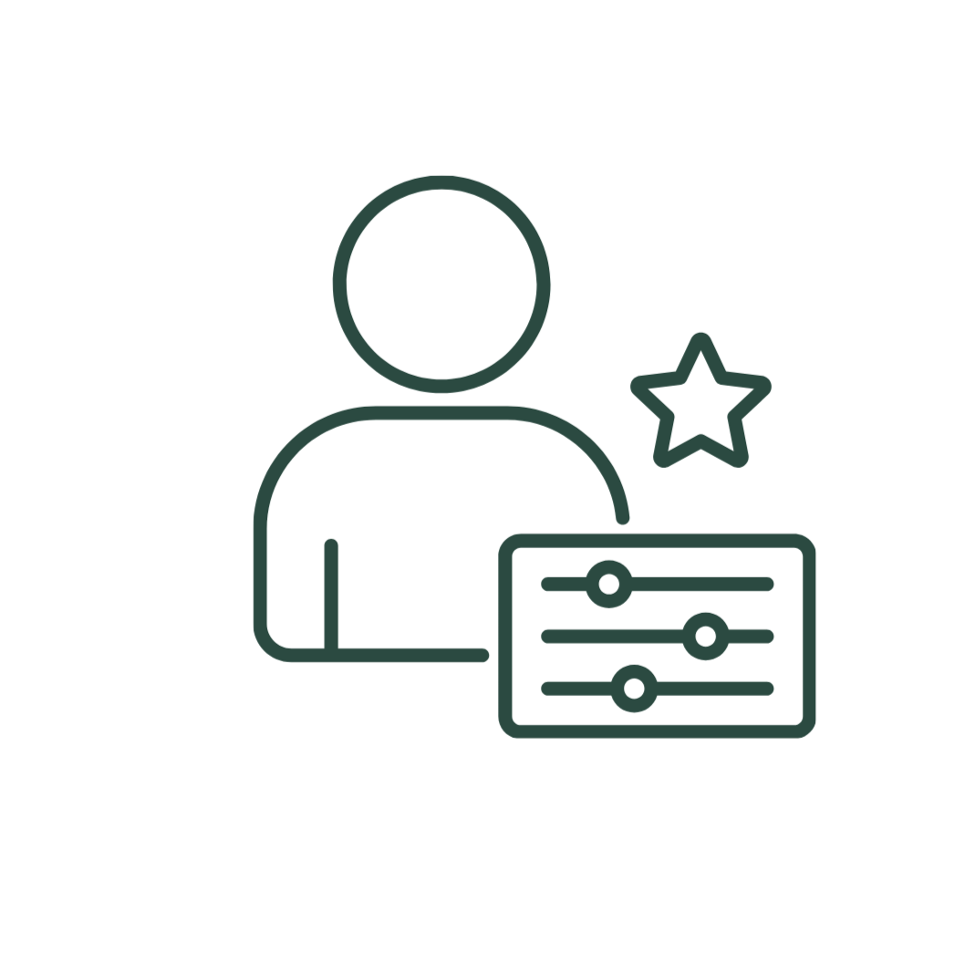 Outline of a person with a star badge and a control panel with sliders, representing a user profile or profile customization.