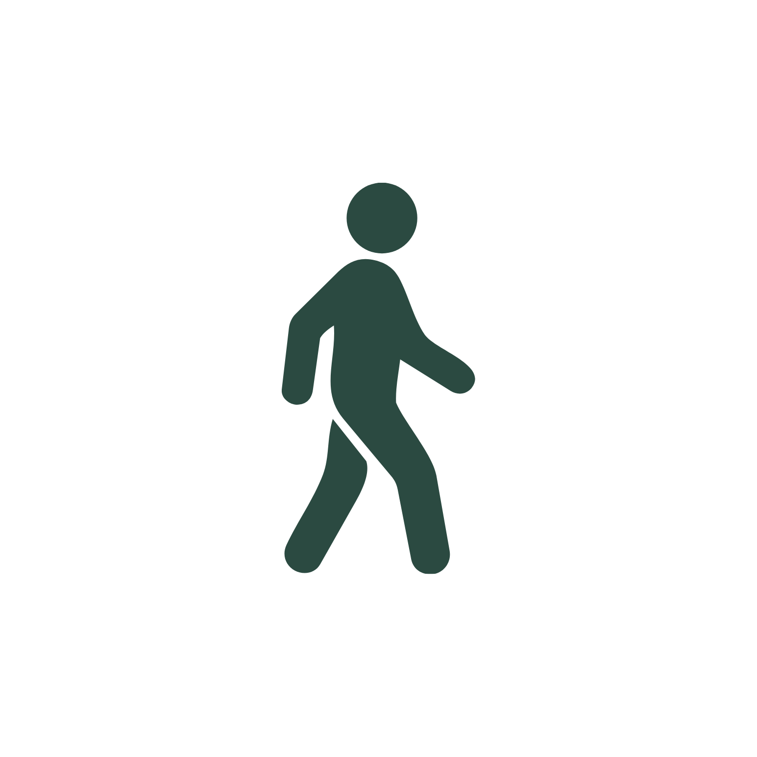 A dark green pedestrian icon walking to the right on a black background.