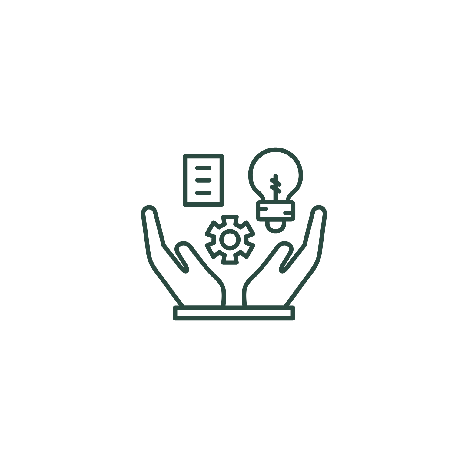 Outline illustration of hands holding various business and technology icons, including a lightbulb with a dollar sign, a gear, and a document.
