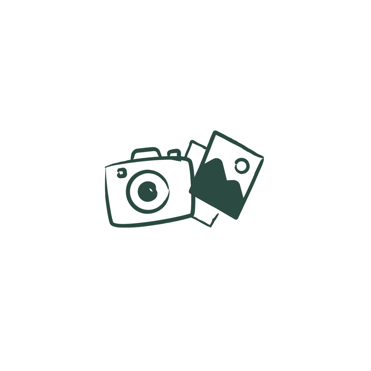 Outline drawing of a camera and photographs against a black background.