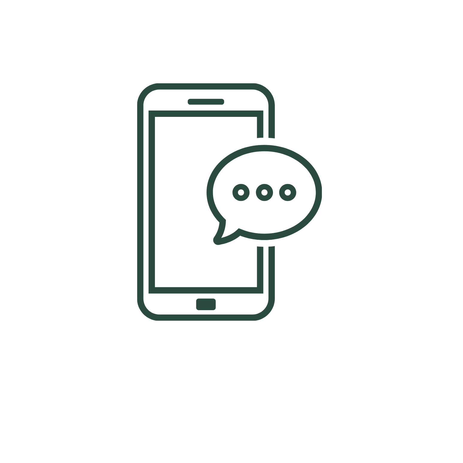 Outline of a smartphone with a speech bubble containing three dots, indicating messaging or chat.