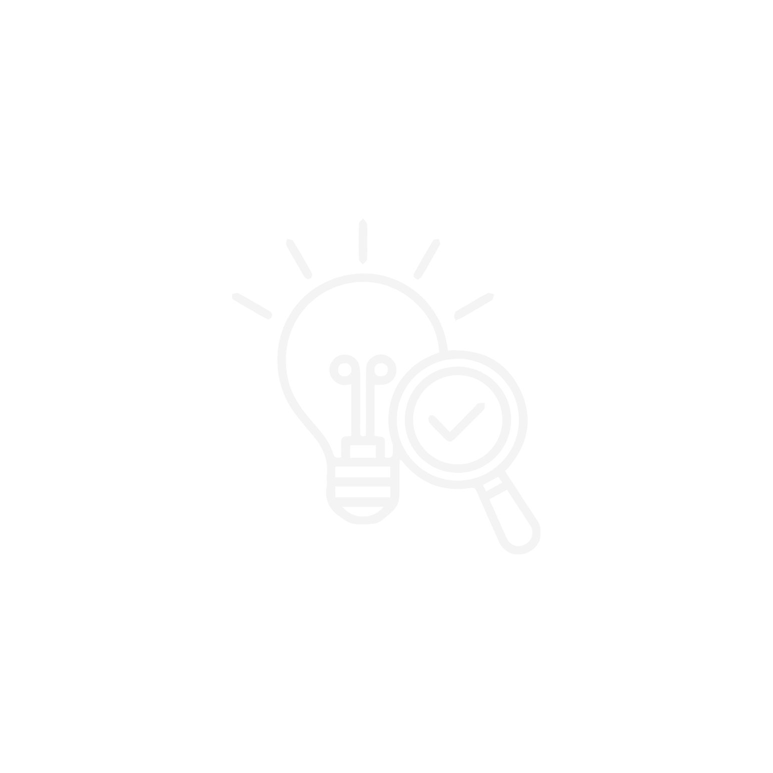 Line drawing of a light bulb with a magnifying glass showing a checkmark, symbolizing idea verification or discovery.