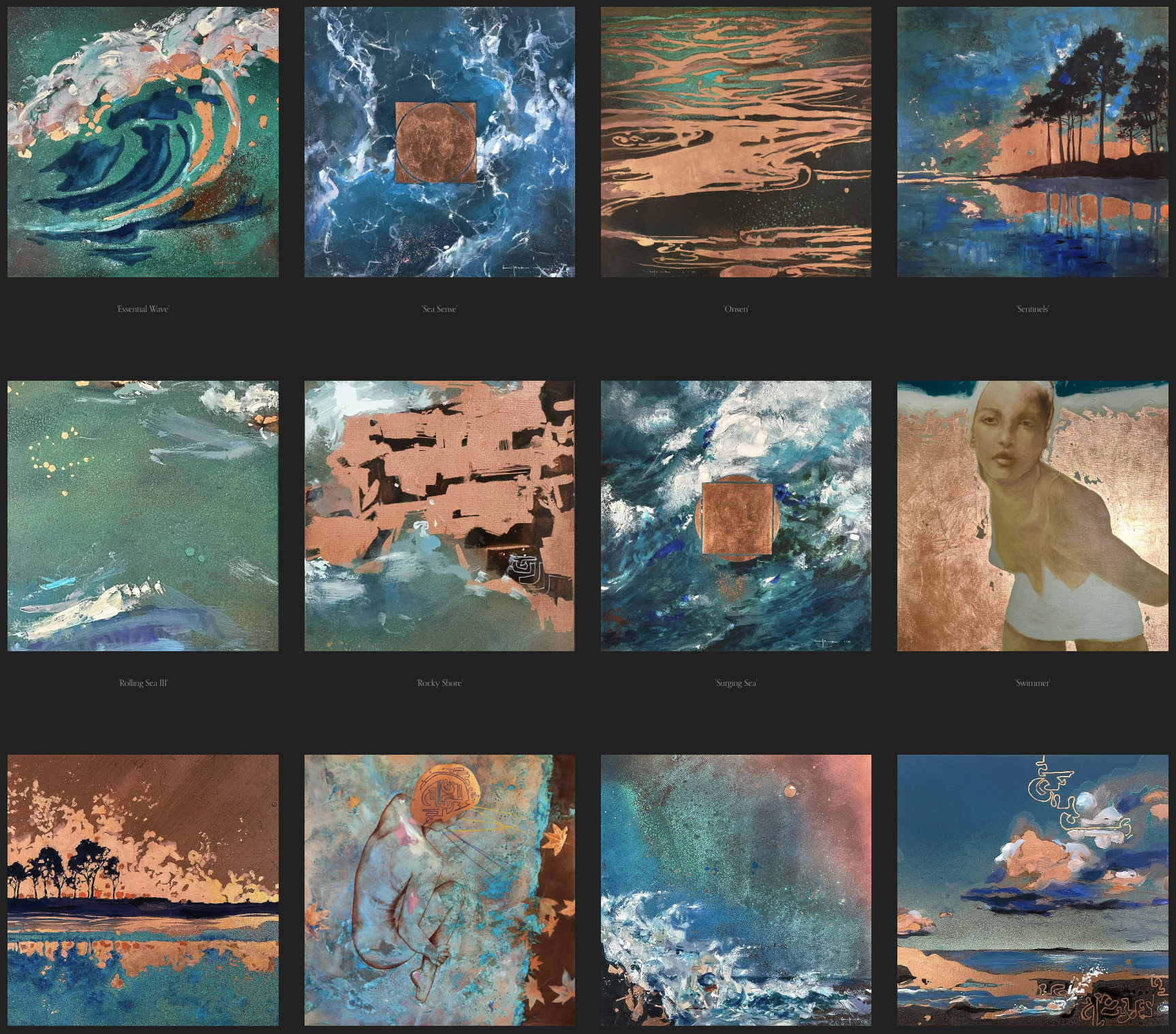 Group of thumbnails of paintings inspired by nature and water, representing the SPIRITSEA collection of limited edition giclee artworks based on the oil on copper originals by Richard Hawk.
