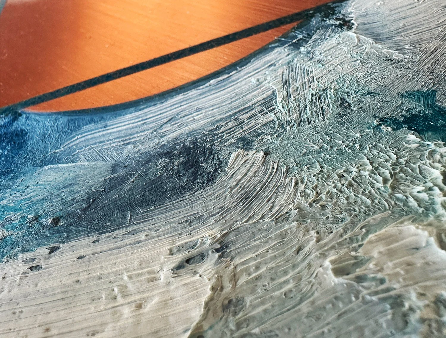 Closeup of unique oil on copper artwork, heavy impasto paint on solid copper