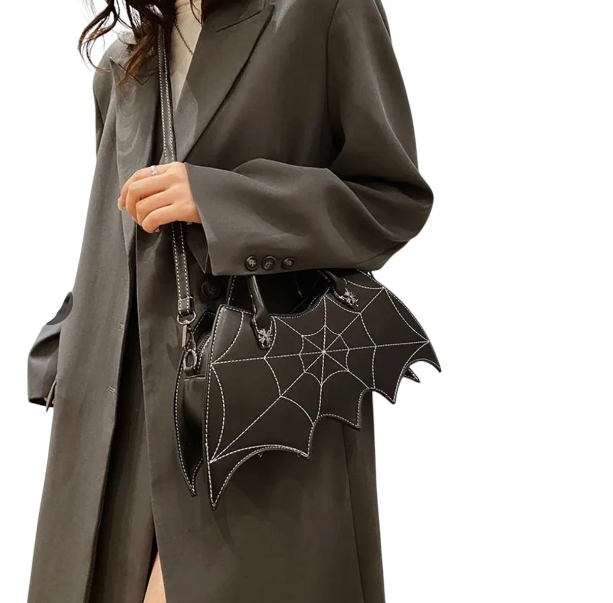 Gothic Bat Wing Shoulder Bag — Spider Web Embroidered PU Leather Crossbody