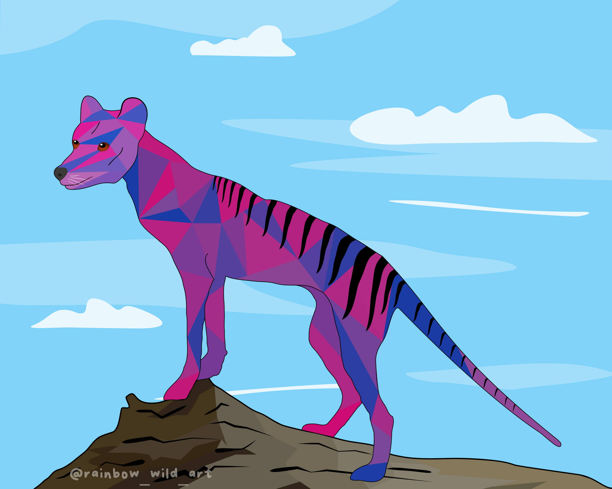 A colorful, geometric style illustration of a hybrid animal with the body of a tiger and the head of a fox, standing on a rocky surface against a blue sky with clouds.