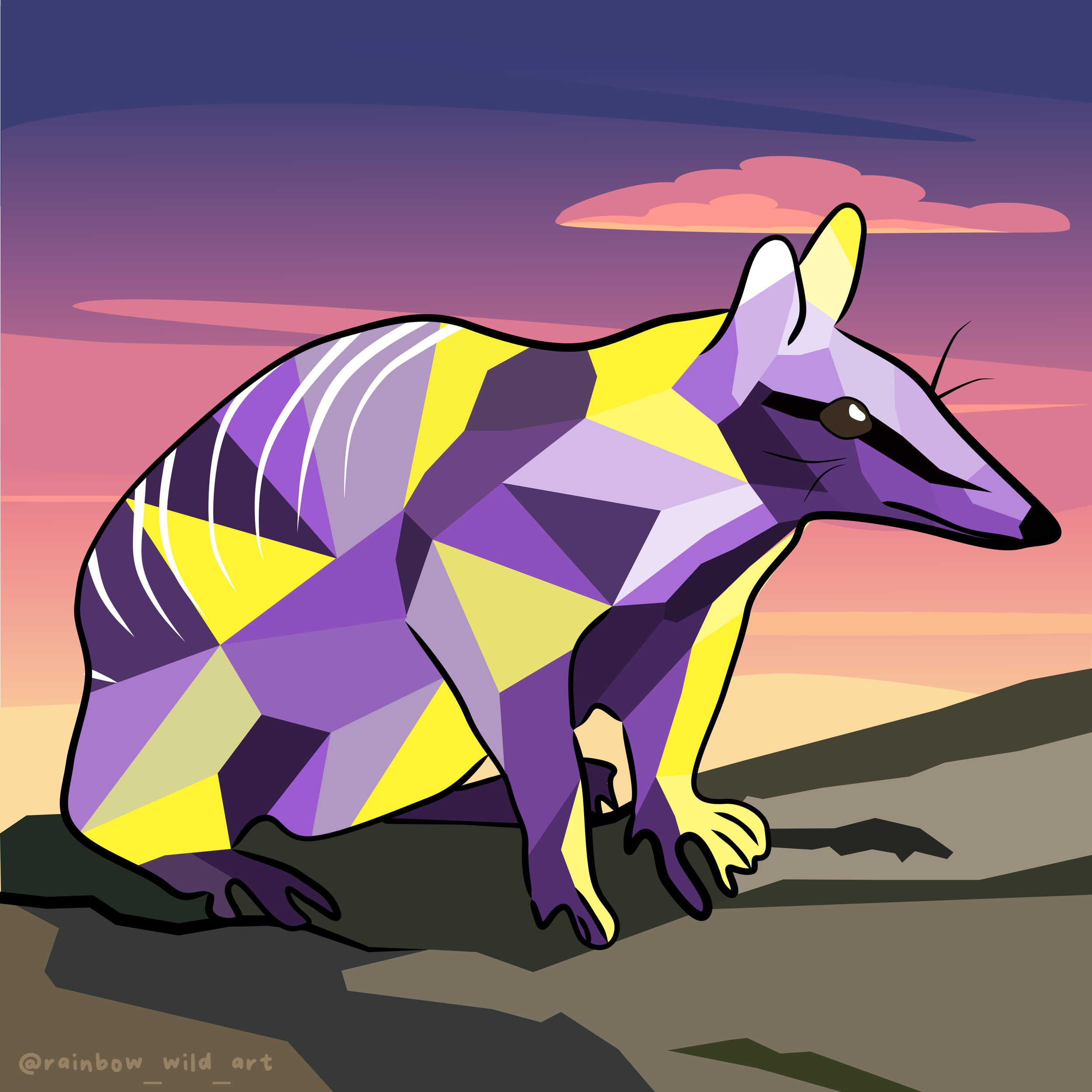 A stylized, polygonal illustration of a platypus with purple, yellow, and black geometric shapes against a sunset background with pink and purple clouds.
