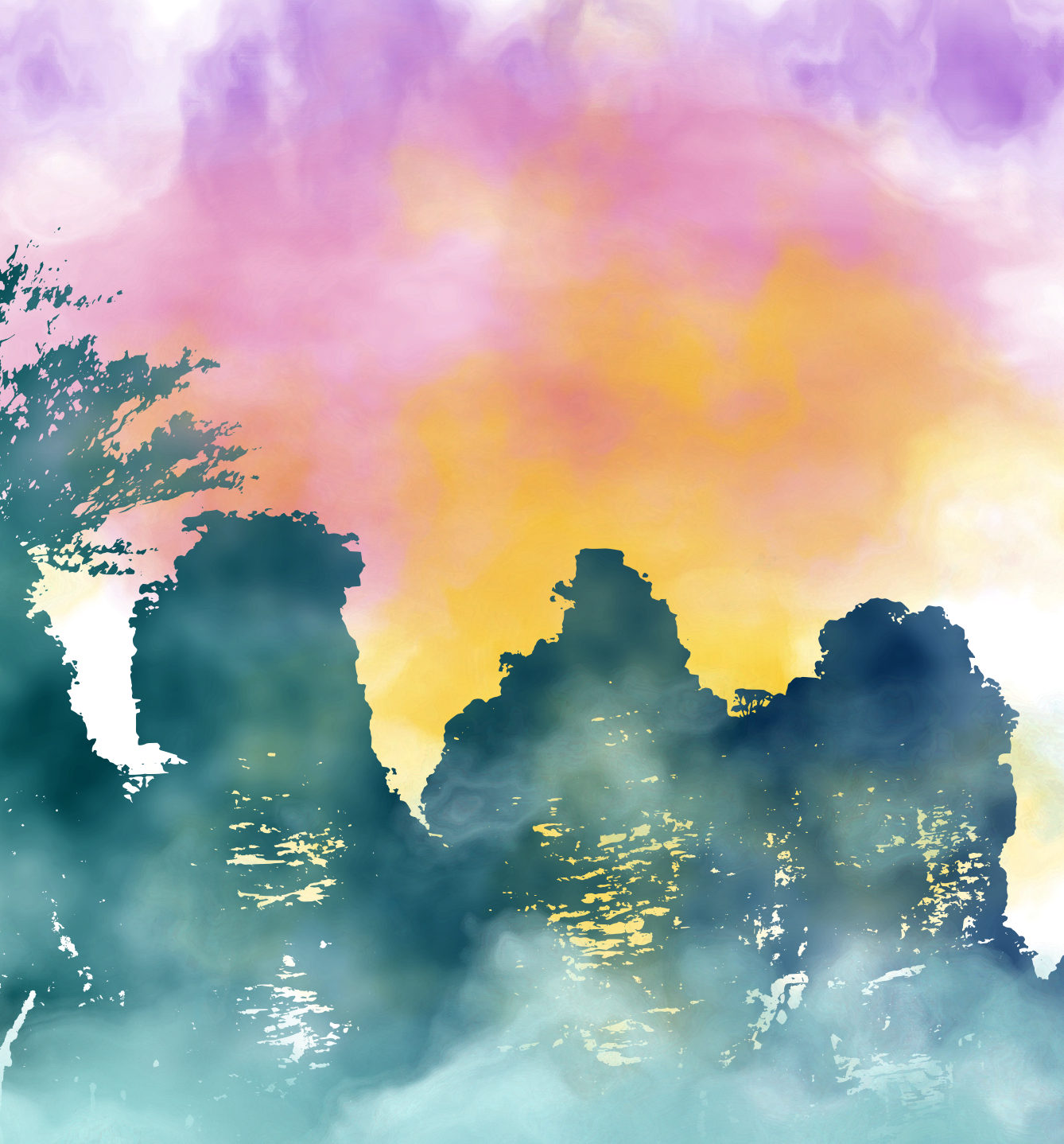 Silhouette of rocky islands and trees against a colorful sky at sunset or sunrise, with pink, purple, yellow, and blue hues.