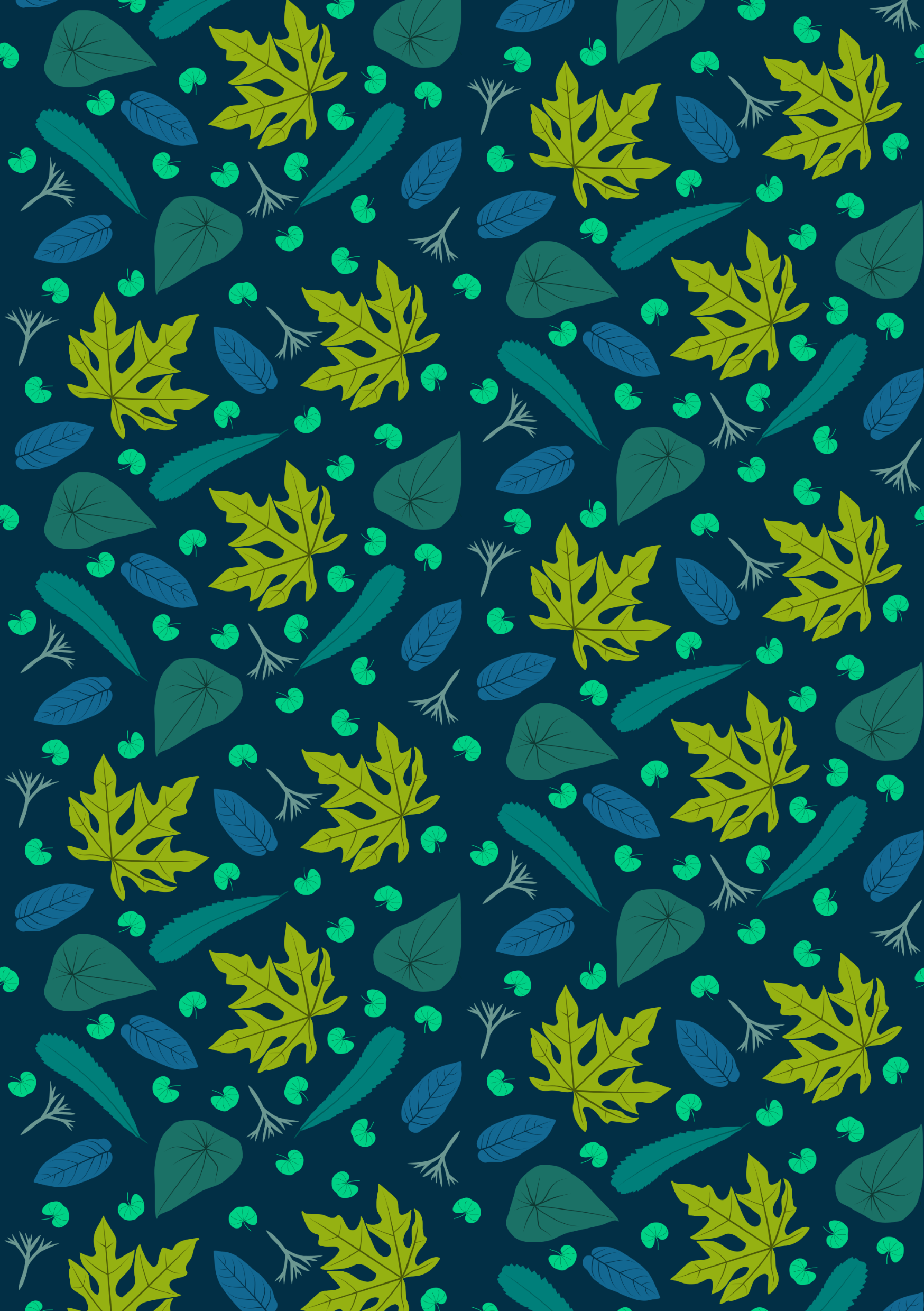 Pattern with green, blue, and teal abstract leaves on a dark background.