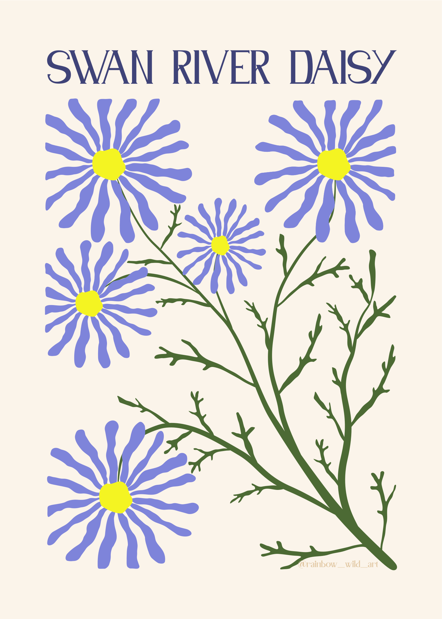 Illustration of a sprig of blue daisies with yellow centers, set against a light background, with the words 'Swan River Daisy' at the top.