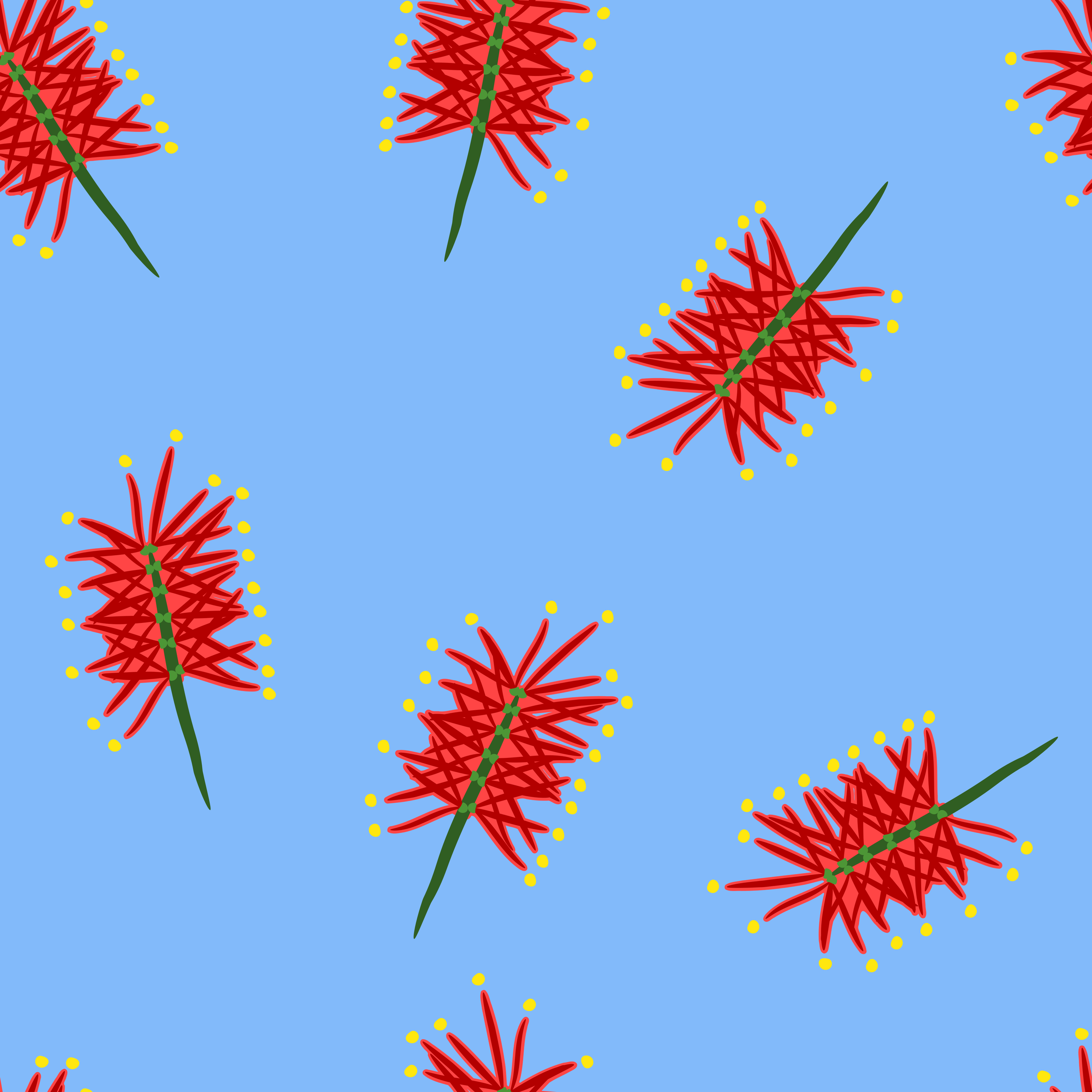 Pattern of red, spiky flower-like shapes with green stems and yellow dotted accents on a blue background.