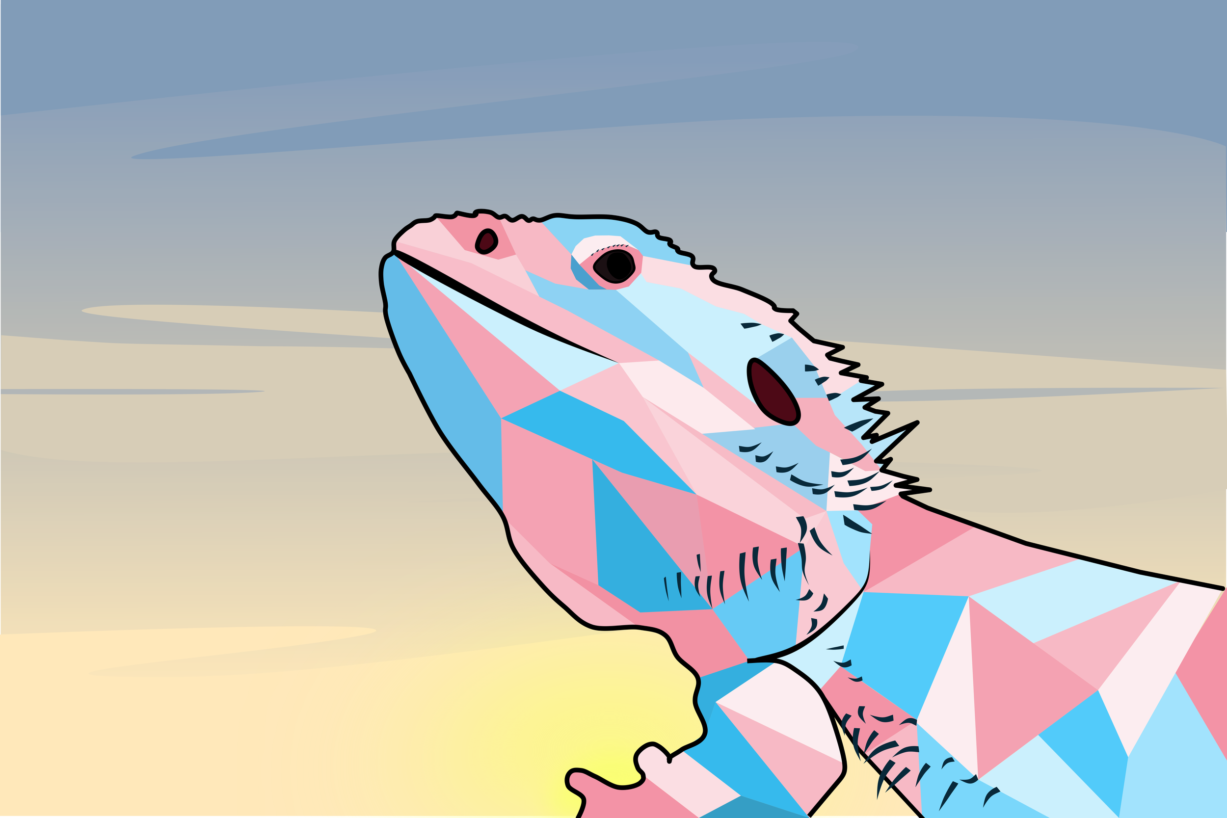 A geometric illustration of a dinosaur, possibly a velociraptor, against a gradient background transitioning from light yellow at the bottom to dark blue at the top.