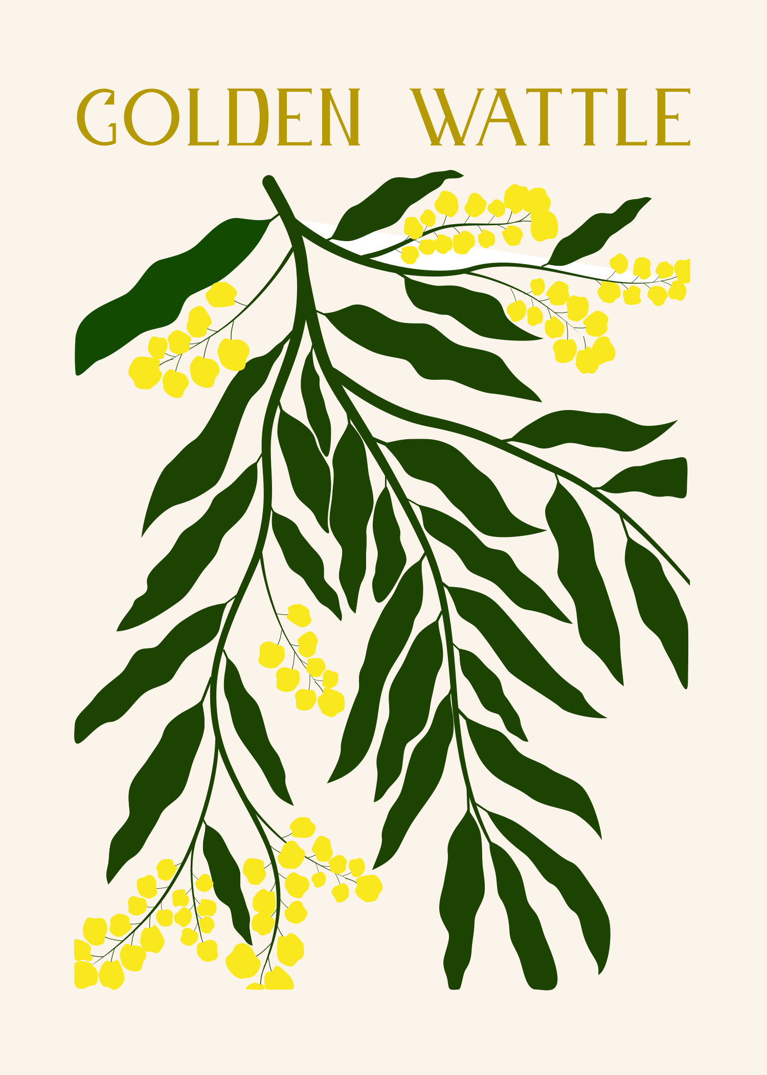 Illustration of a branch with green leaves and small yellow flowers, titled 'Golden Wattle'.