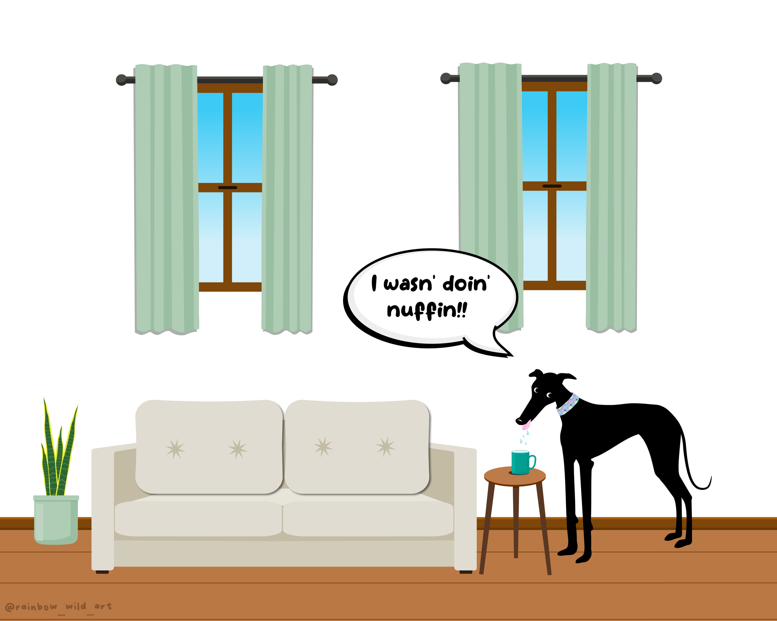 A living room with two windows covered with green curtains. A white sofa with star-shaped buttons, a potted plant on the left, and a tall black dog wearing a collar, standing next to a small table with a mug on it. The dog has a speech bubble that sa